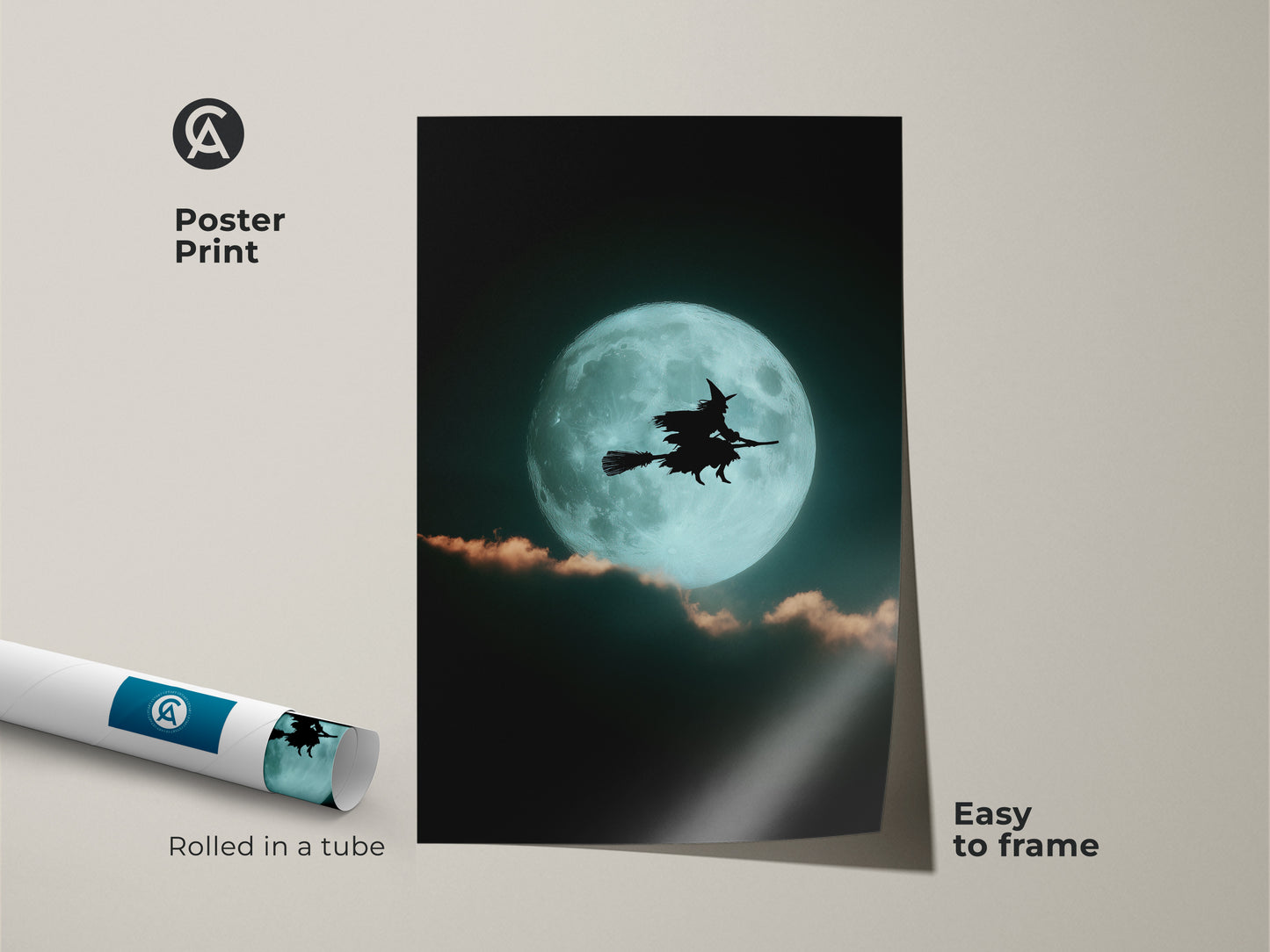 Poster Print features a witch silhouette flying across a teal moon. This dark academia poster is easy to frame. The gothic witch silhouette is perfect for Halloween wall decor and witchy gift.