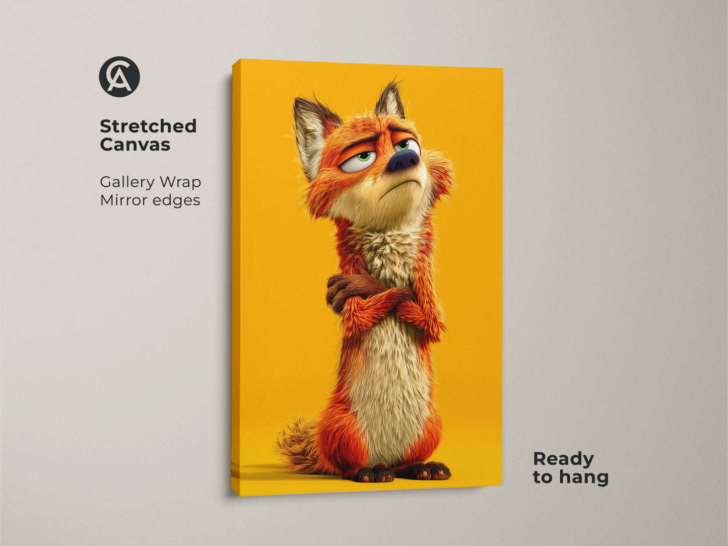 Stretched canvas art of a whimsical fox. This gallery wrapped canvas has mirror edges and is ready to hang. This cute animal character print is perfect for kids room decor. It has an eclectic look.
