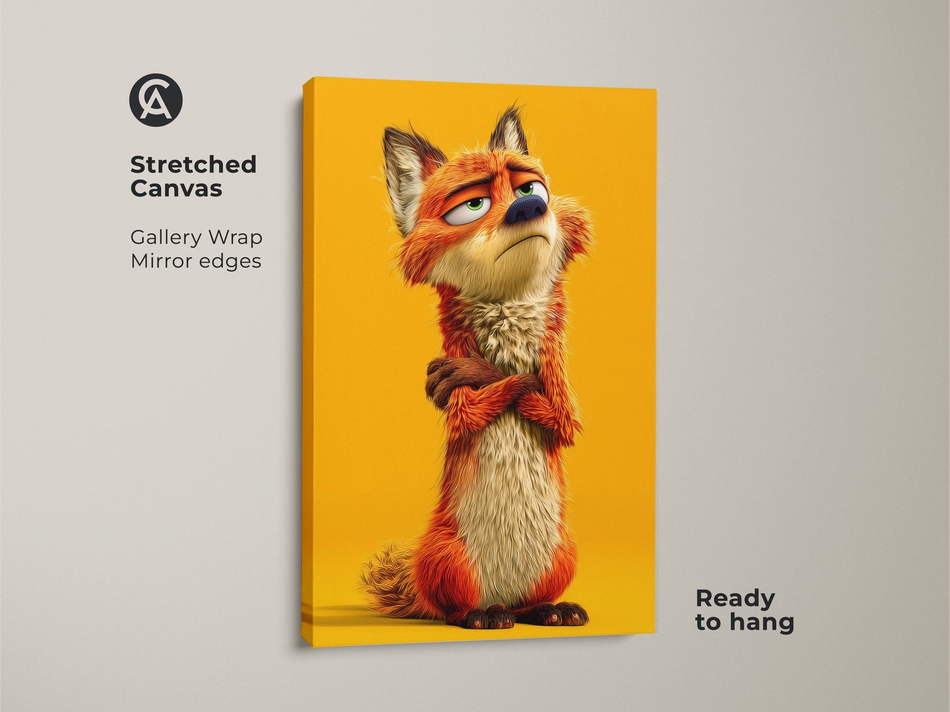 Stretched canvas art of a whimsical fox. This gallery wrapped canvas has mirror edges and is ready to hang. This cute animal character print is perfect for kids room decor. It has an eclectic look.