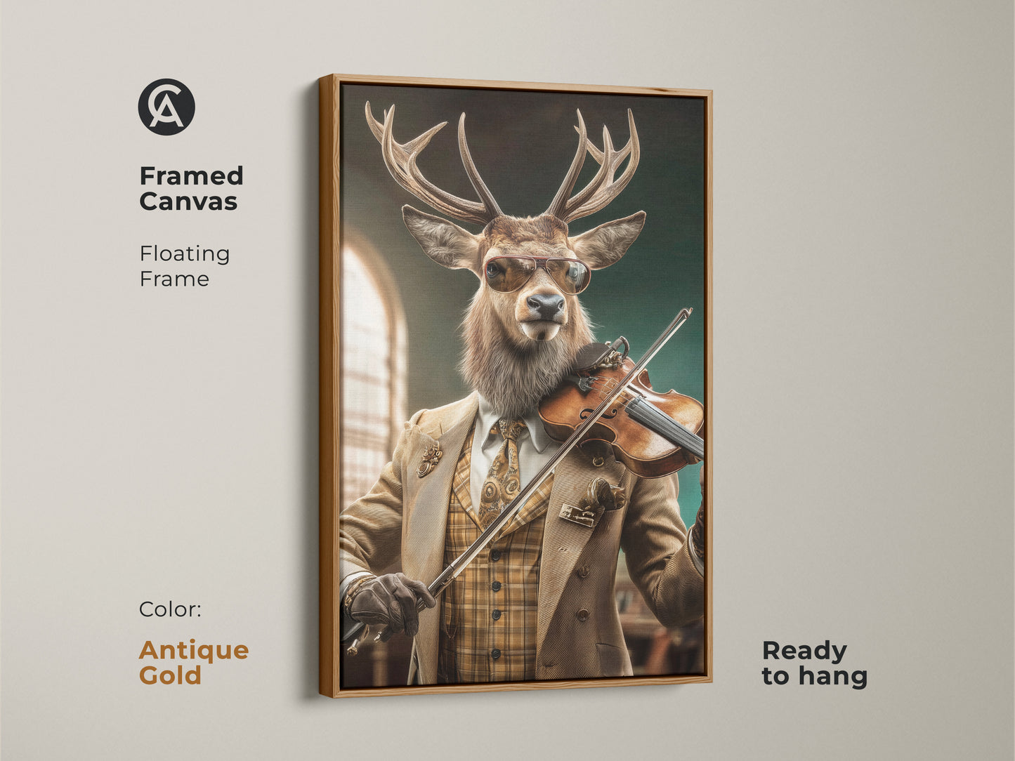 Framed canvas art featuring a deer playing a violin. The animal musician print is ready to hang. It features an antique gold floating frame adding elegance. Perfect eclectic study room wall decor in tan and brown tones. This unique animal portrait is a perfect gift.