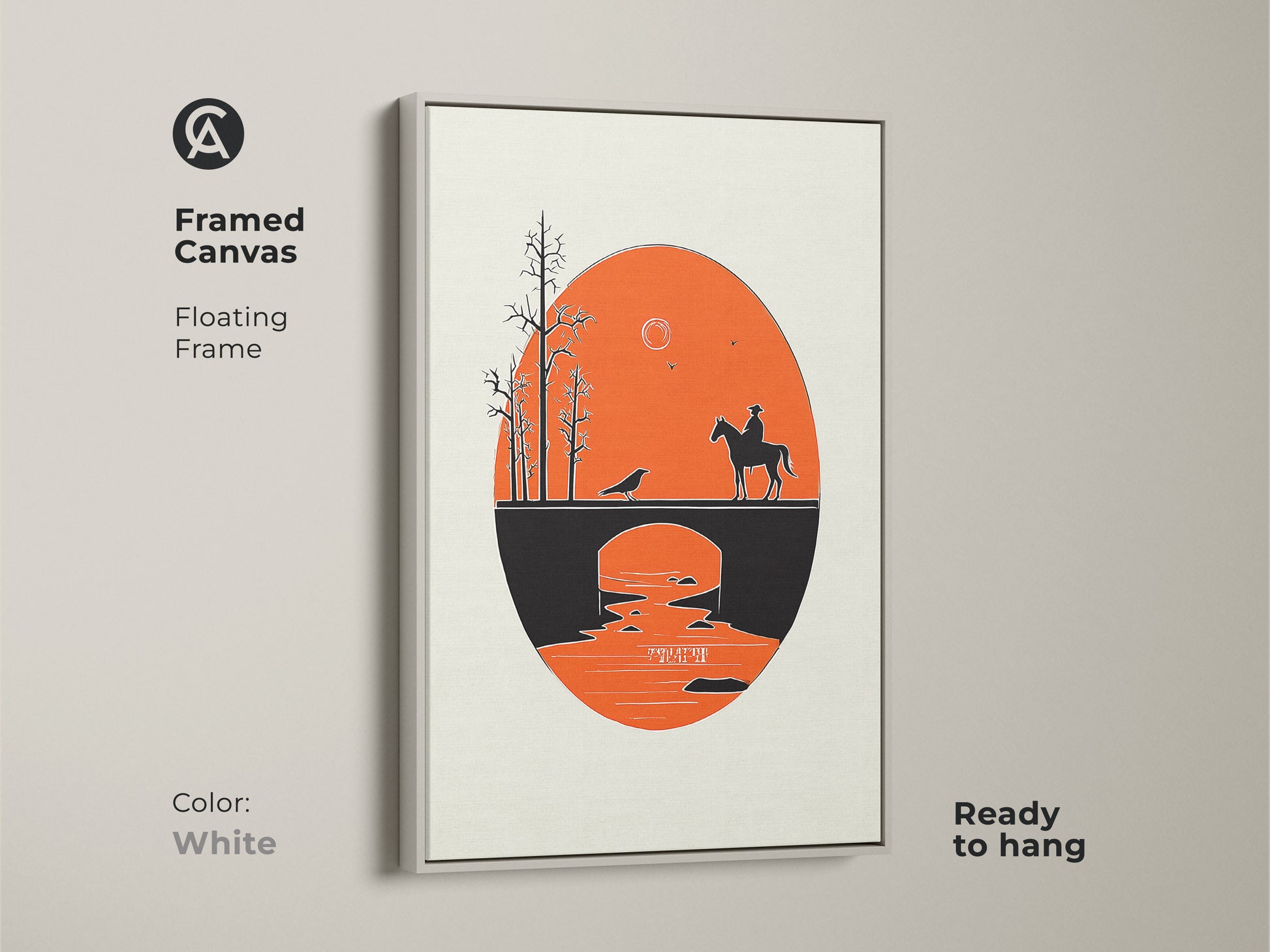 Framed Canvas in white displaying a cowboy on horseback crossing a bridge. This tan and black art print features a Mid-Century Modern aesthetic. This minimalist western art is ready to hang. It is an ideal housewarming gift for admirers of travel-themed artwork. The scenic landscape print brings a touch of the desert to your decor.