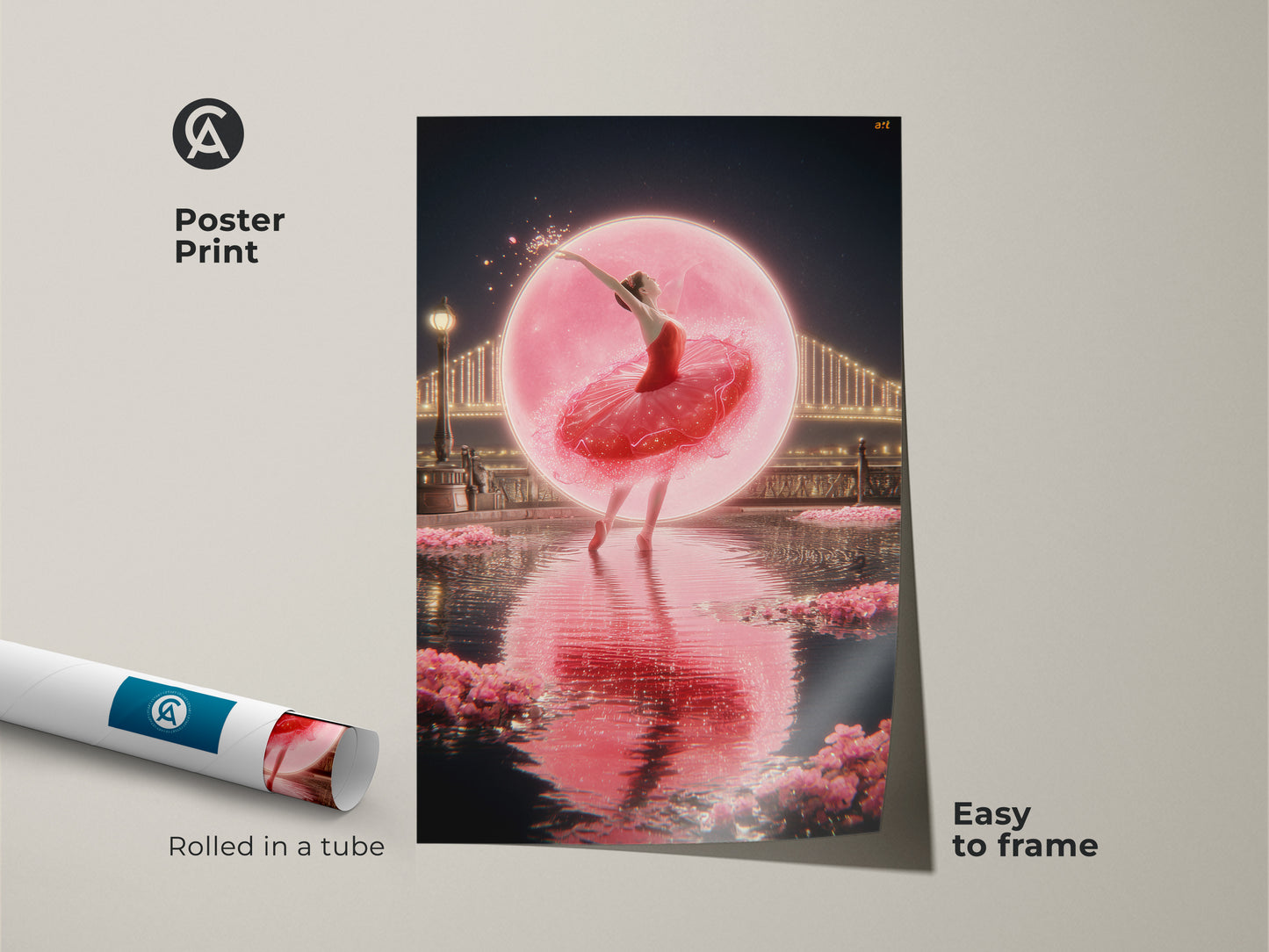 Fantasy ballet dancer print is easy to frame. Rolled in a tube for safe shipping. This pink ballerina canvas art is dreamy bedroom decor. Romantic cityscape wall art features a bridge night scene. Contemporary dance art as a fine art canvas print.