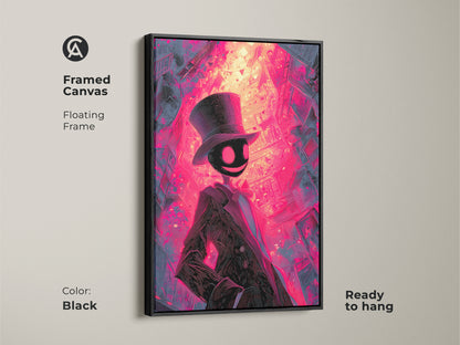 A framed canvas features a shadowy figure in a top hat. The art has a cityscape background in pink and purple. This framed canvas is ready to hang. The black floating frame adds a touch of sophistication.