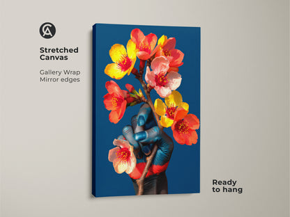 A surreal hand art print on stretched canvas with gallery wrap and mirror edges. The blue painted hand holds orange and red flowers creating an eclectic botanical artwork ready to hang in any room.