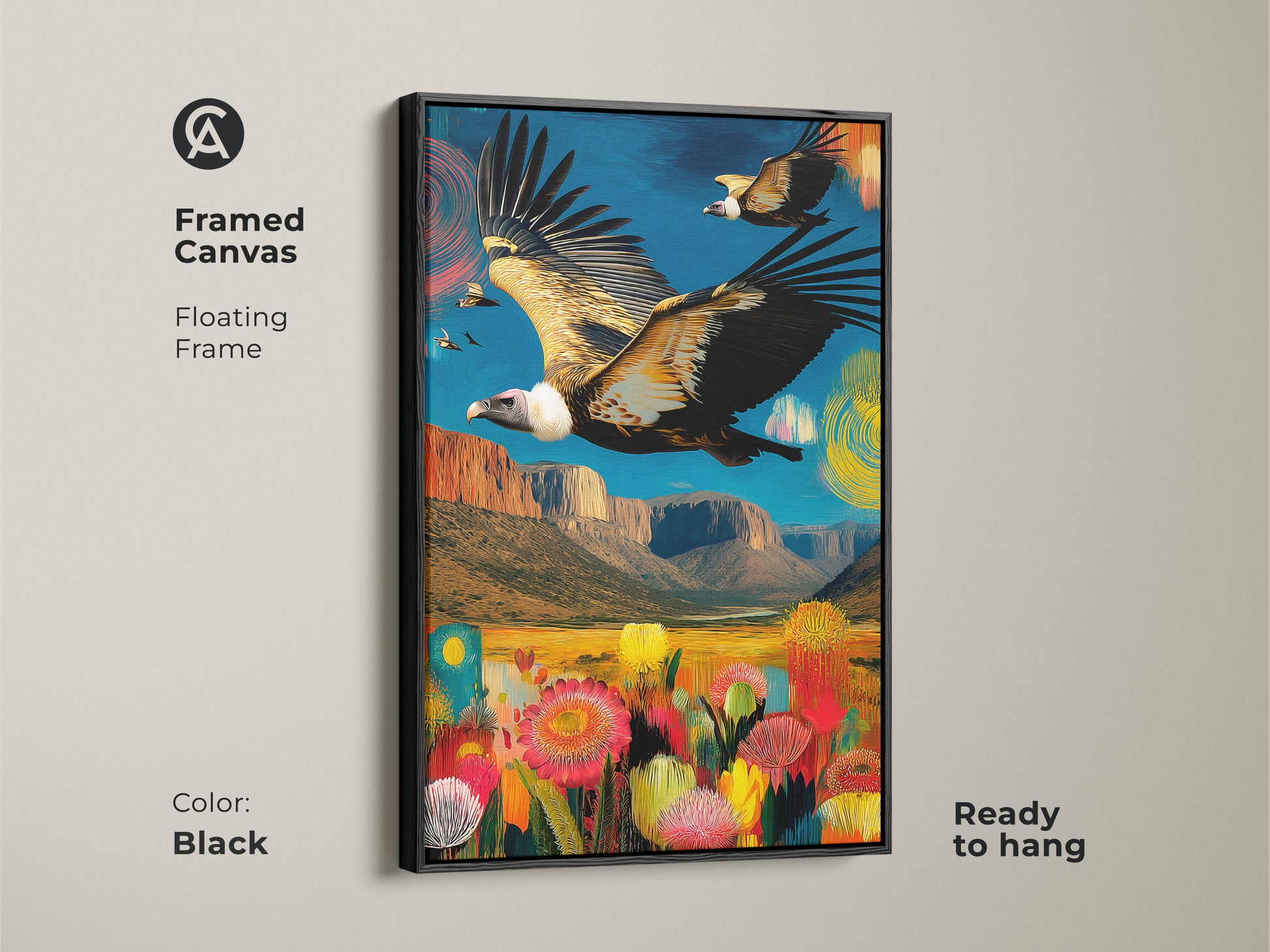 Framed canvas art features a vulture in flight over a vibrant canyon landscape. This floating frame artwork is ready to hang adding elegance to any room. This colorful wildlife canvas print will enhance your eclectic home decor. Black frame adds a modern touch.