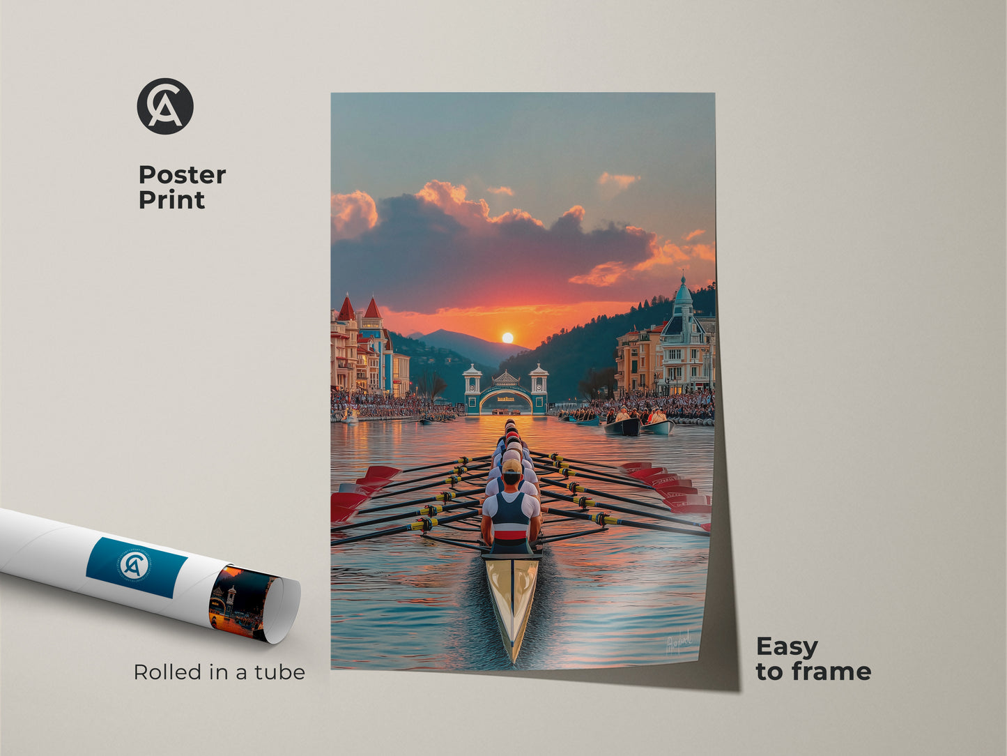 Poster Print of Sculling Boat Sunset Art is delivered rolled in a protective tube. Easy to frame this coastal rowing artwork makes a great gift. The teal and gold art captures a vibrant sunset scene. Perfect home gym wall decor.