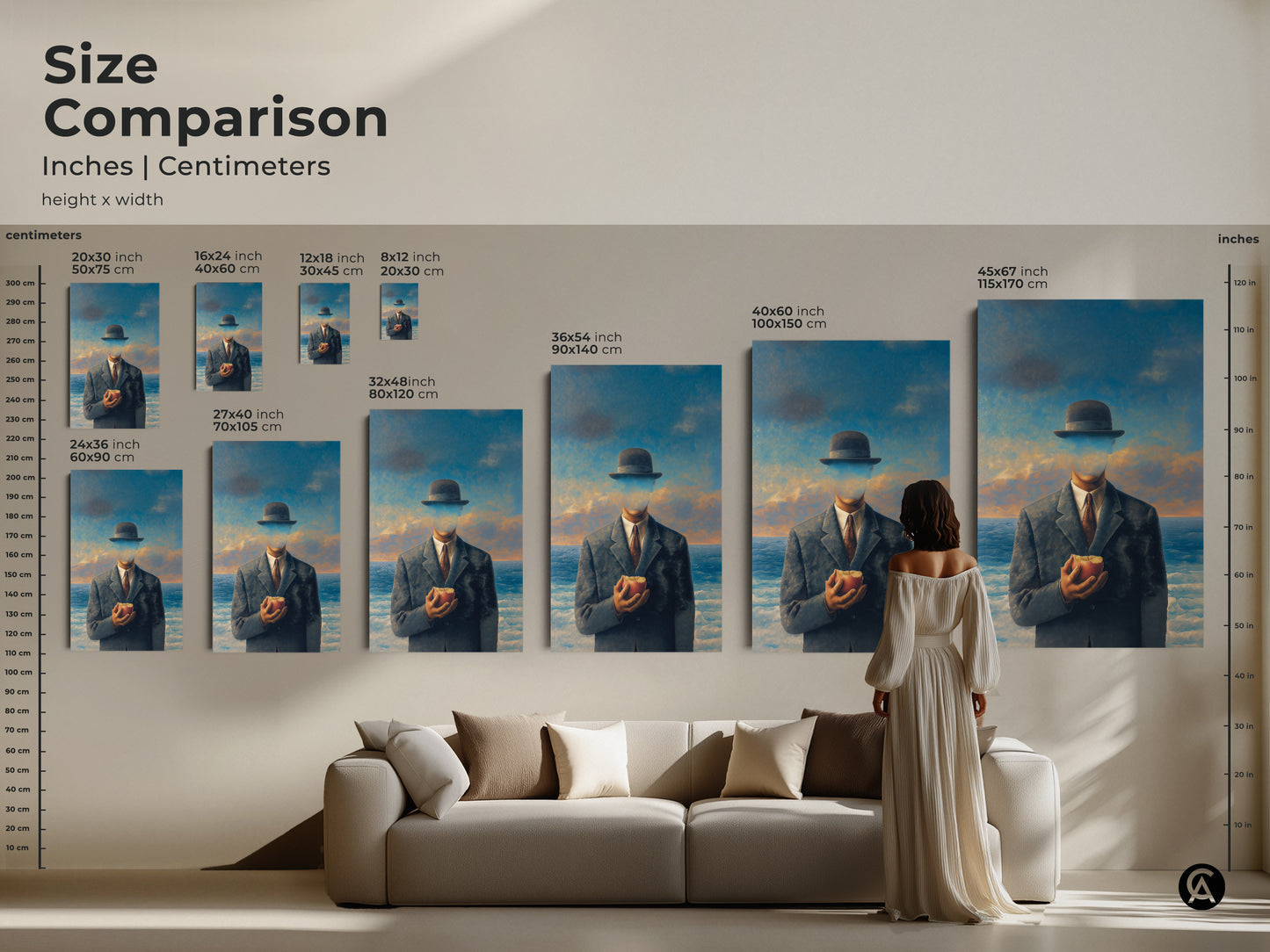 Size comparison of surrealist man with apple art prints. Visualize how different sizes fit above a sofa. This conceptual art is perfect for eclectic home wall decor. Available in various sizes to suit any space. Philosophical gift for thinkers dreamers.