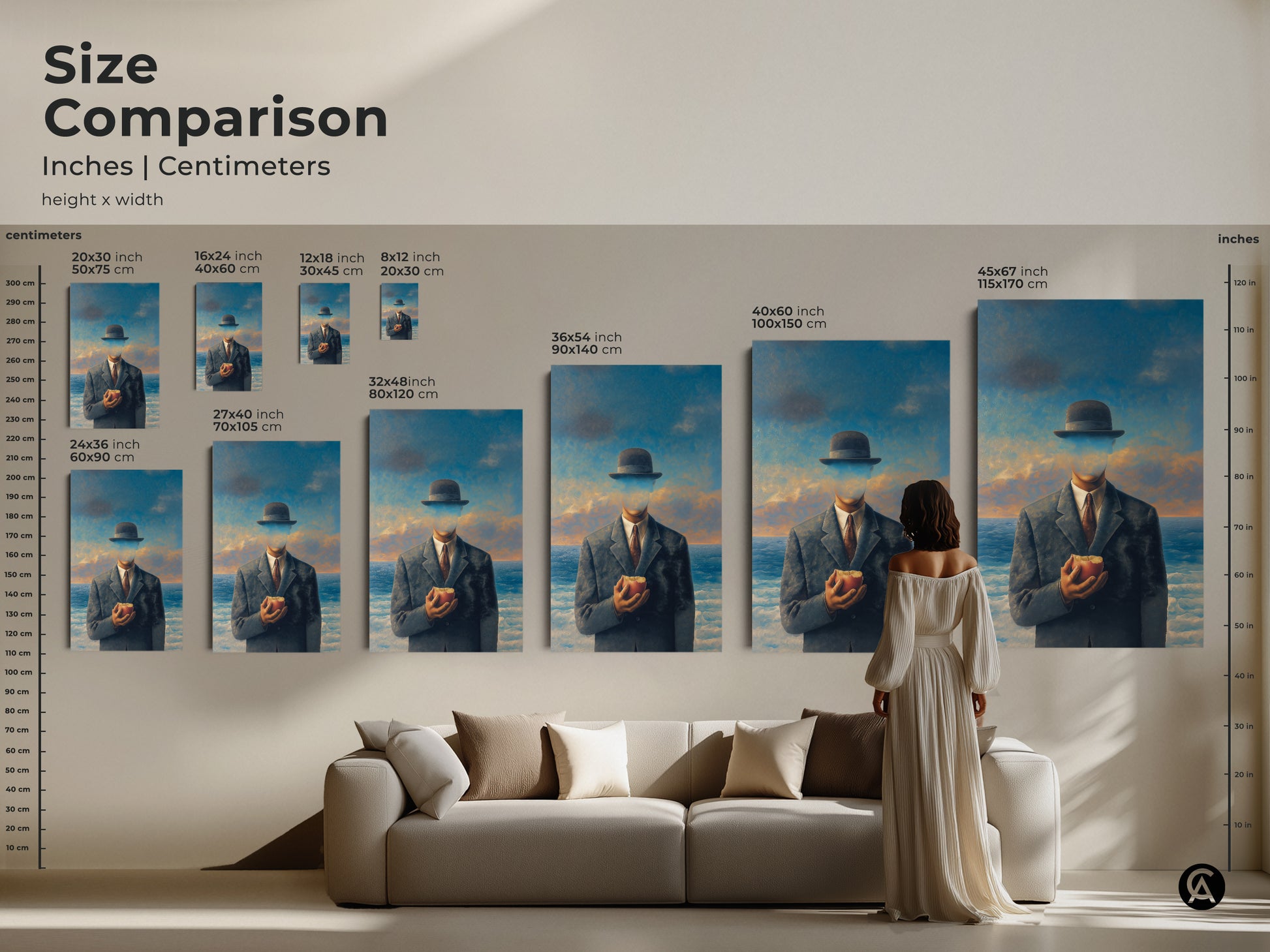 Size comparison of surrealist man with apple art prints. Visualize how different sizes fit above a sofa. This conceptual art is perfect for eclectic home wall decor. Available in various sizes to suit any space. Philosophical gift for thinkers dreamers.