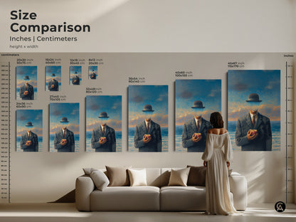 Size comparison of surrealist man with apple art prints. Visualize how different sizes fit above a sofa. This conceptual art is perfect for eclectic home wall decor. Available in various sizes to suit any space. Philosophical gift for thinkers dreamers.
