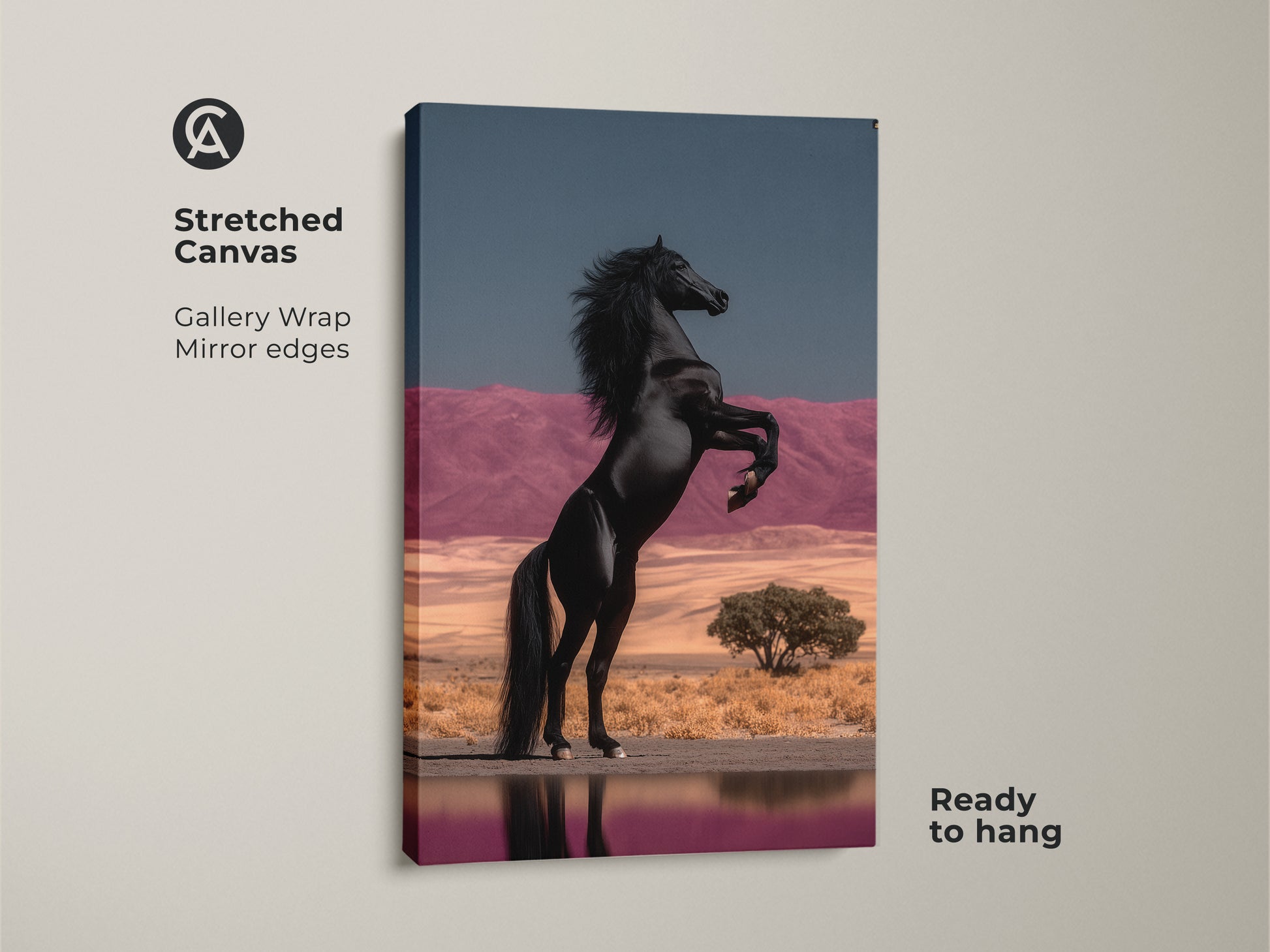 Stretched Canvas Gallery Wrap of a Rearing Black Horse. This wildlife wall art decor shows a powerful stallion against a surreal desert backdrop. The pink mountains and blue sky create an eclectic bedroom artwork. Ready to hang it is a unique home decor gift and a fine art horse painting. It adds a dramatic flair to any interior.