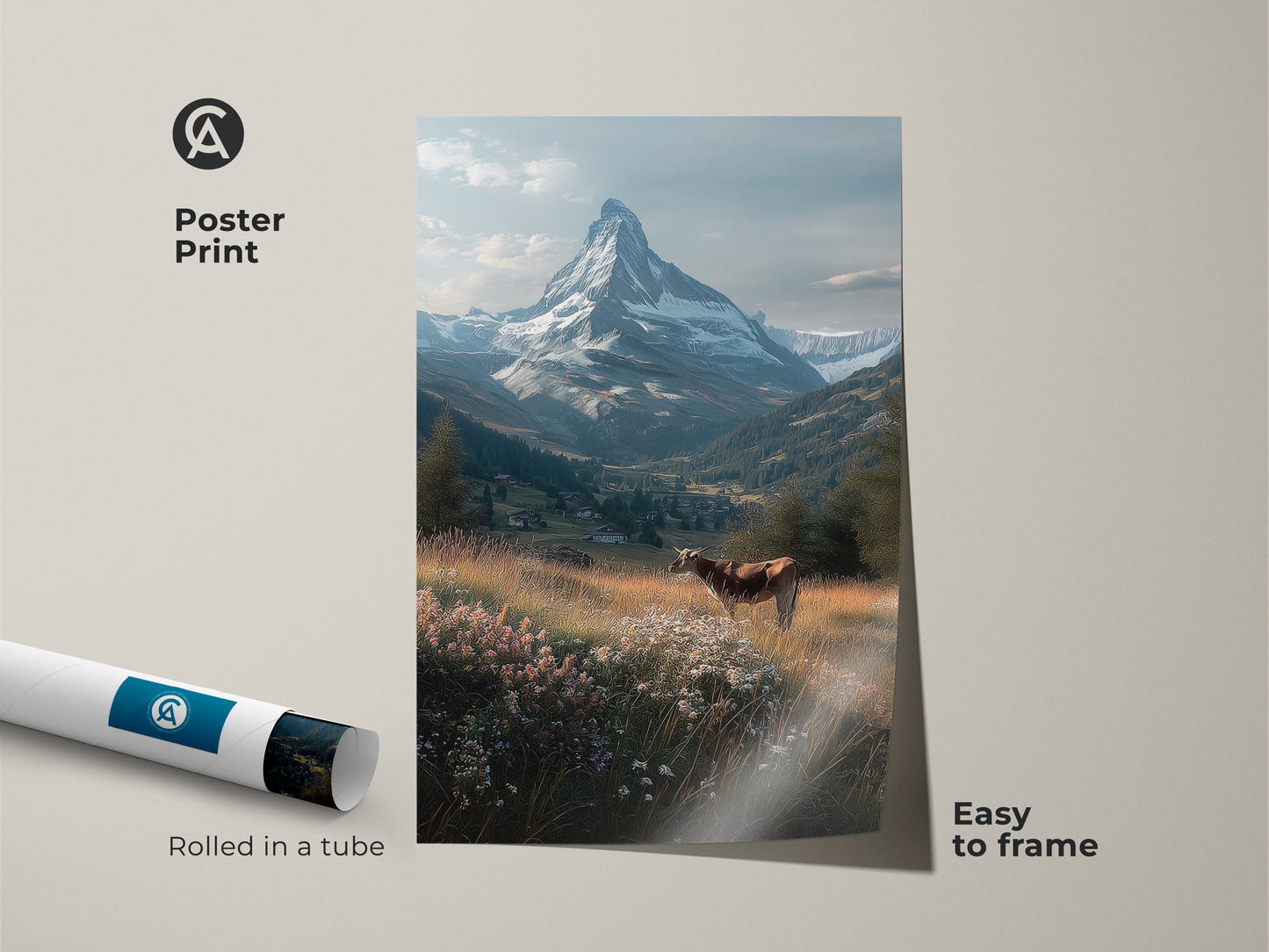 Elevate your space with this poster print of the Swiss Alps. The Matterhorn towers over a picturesque valley. A cow peacefully grazes in a field of flowers. This museum-quality paper print is easy to frame. Bring the beauty of the mountains home today.