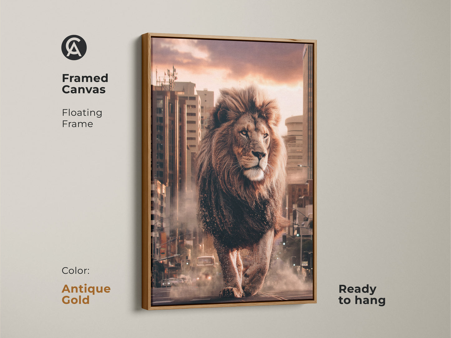 Framed Canvas with a floating frame in Antique Gold. The canvas print shows a lion in a cityscape. The urban wildlife wall art is contemporary. It is ready to hang.  A great gift.