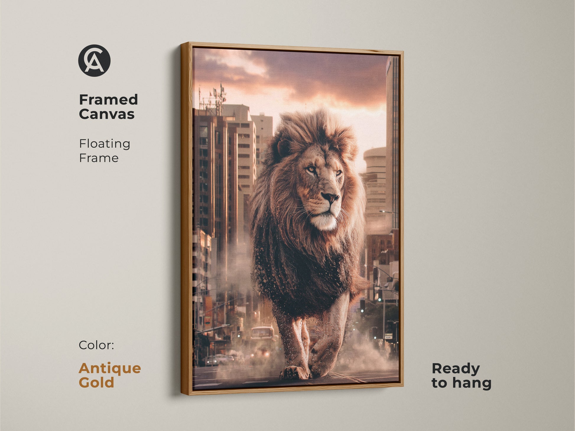 Framed Canvas with a floating frame in Antique Gold. The canvas print shows a lion in a cityscape. The urban wildlife wall art is contemporary. It is ready to hang.  A great gift.