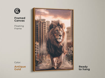 Framed Canvas with a floating frame in Antique Gold. The canvas print shows a lion in a cityscape. The urban wildlife wall art is contemporary. It is ready to hang.  A great gift.