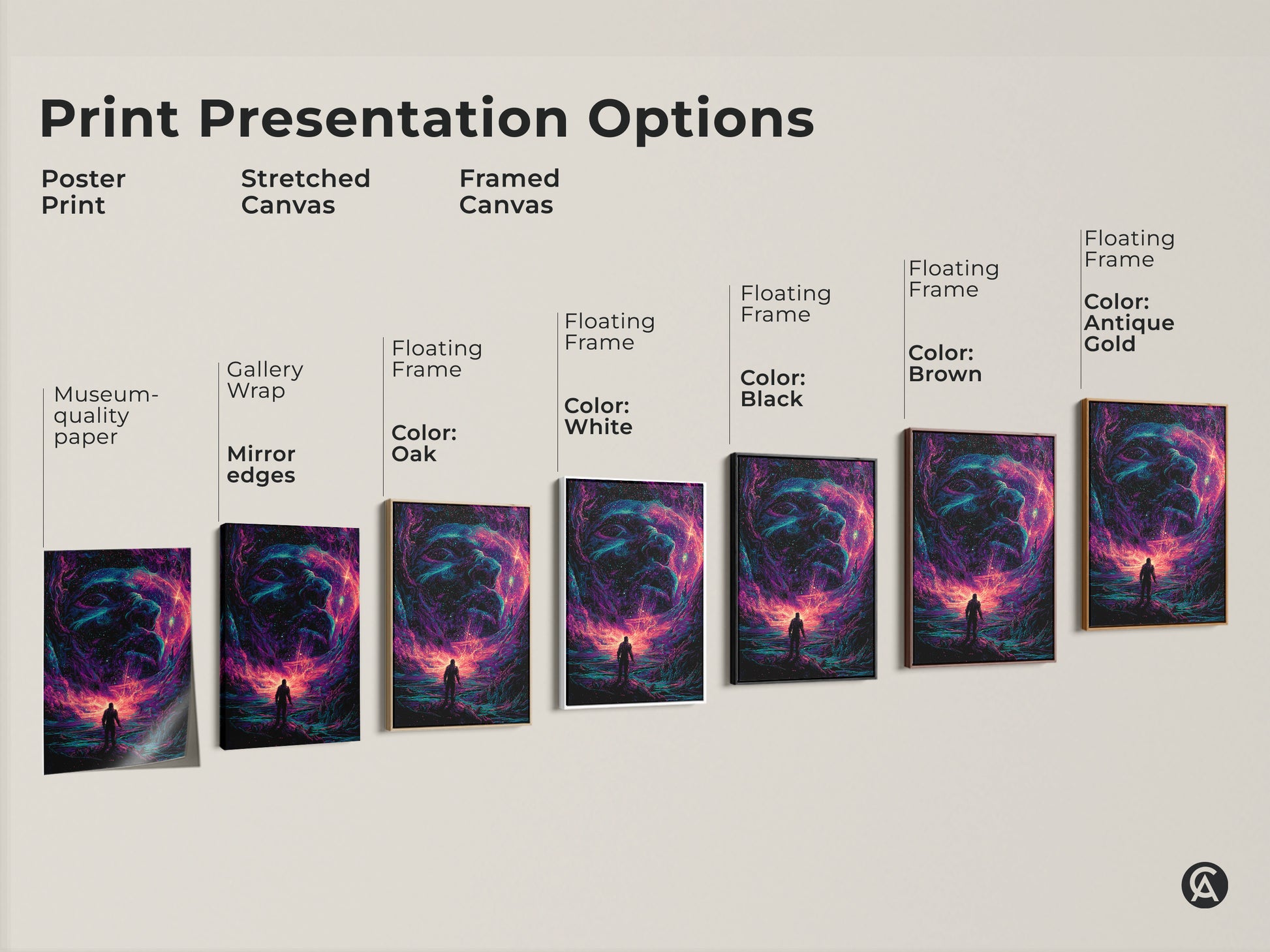 Explore print presentation options with this galaxy artwork. Choose from poster prints stretched canvas or framed canvas. Each style highlights the artwork featuring a figure viewing a cosmic face. Customize your space with unique wall art.