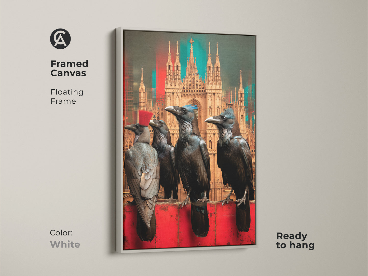 Framed Canvas with a white frame featuring gothic crows against a detailed cityscape. Ready to hang it complements eclectic and dark interior styles. The artwork is a unique piece for any room offering a touch of dark academia ambiance