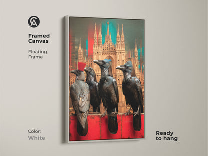 Framed Canvas with a white frame featuring gothic crows against a detailed cityscape. Ready to hang it complements eclectic and dark interior styles. The artwork is a unique piece for any room offering a touch of dark academia ambiance