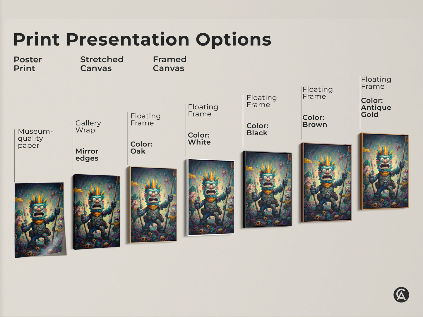 Explore print presentation options with this bizarre monster artwork. Choose from poster prints stretched canvas or framed canvas. Frame colors include black brown antique gold and white. Find the perfect museum-quality art to match your style.