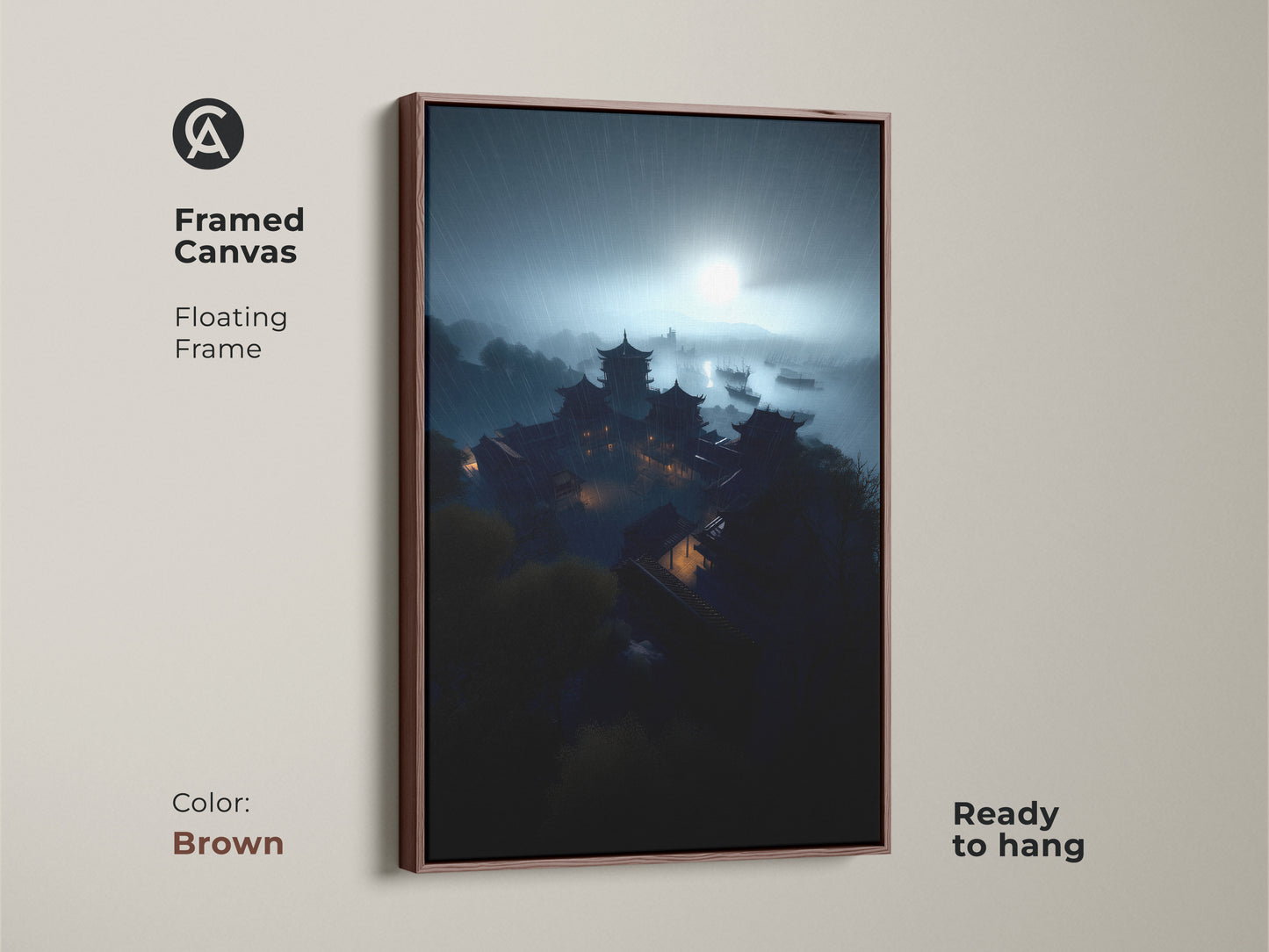 Framed Canvas of a Rainy Night Pagoda Art. This dark academia artwork features Asian architecture. The brown floating frame enhances the deep teal and midnight blue tones. Ready to hang this framed asian art print. Perfect for a study room.