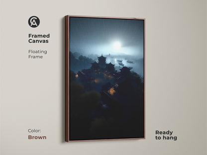 Framed Canvas of a Rainy Night Pagoda Art. This dark academia artwork features Asian architecture. The brown floating frame enhances the deep teal and midnight blue tones. Ready to hang this framed asian art print. Perfect for a study room.