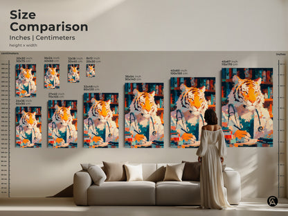 Size comparison of tiger doctor artwork in inches and centimeters. See the different sizes side by side. From small to extra large. Find the perfect fit for your space. Visualize how it looks above a sofa with a model for scale. Choose the ideal size now.