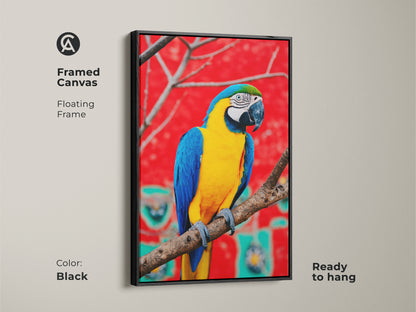 Framed canvas featuring a blue yellow macaw. Floating frame in black adds elegance. Ready to hang tropical bird wall art. Ideal for eclectic bedroom & office wall decor.