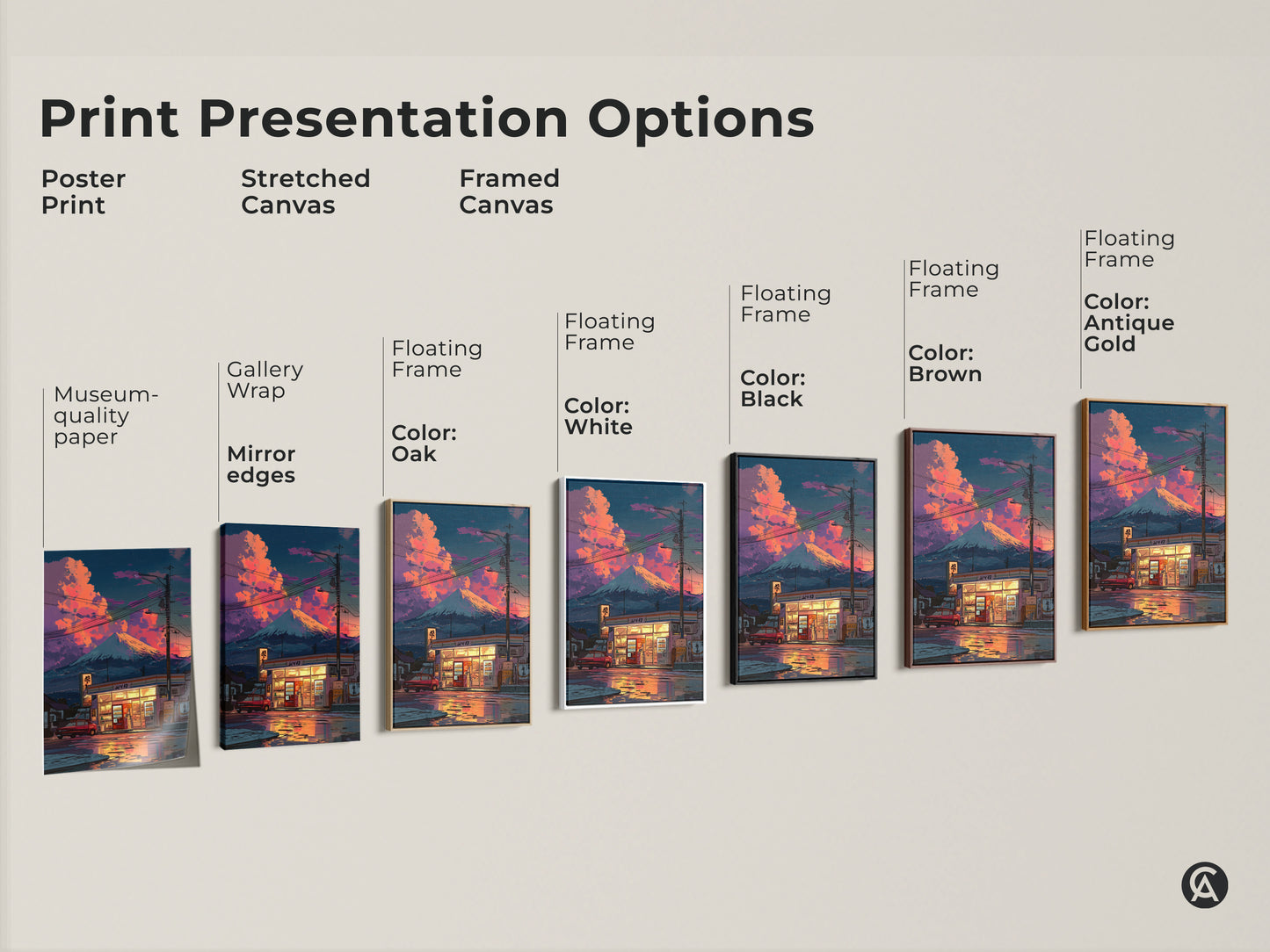 Print presentation options for retro anime wall art. Choose from poster prints stretched canvas or framed canvas. Options include museum quality paper gallery wrap and floating frames. Colors like black brown antique gold and white are available. Find the perfect fit.