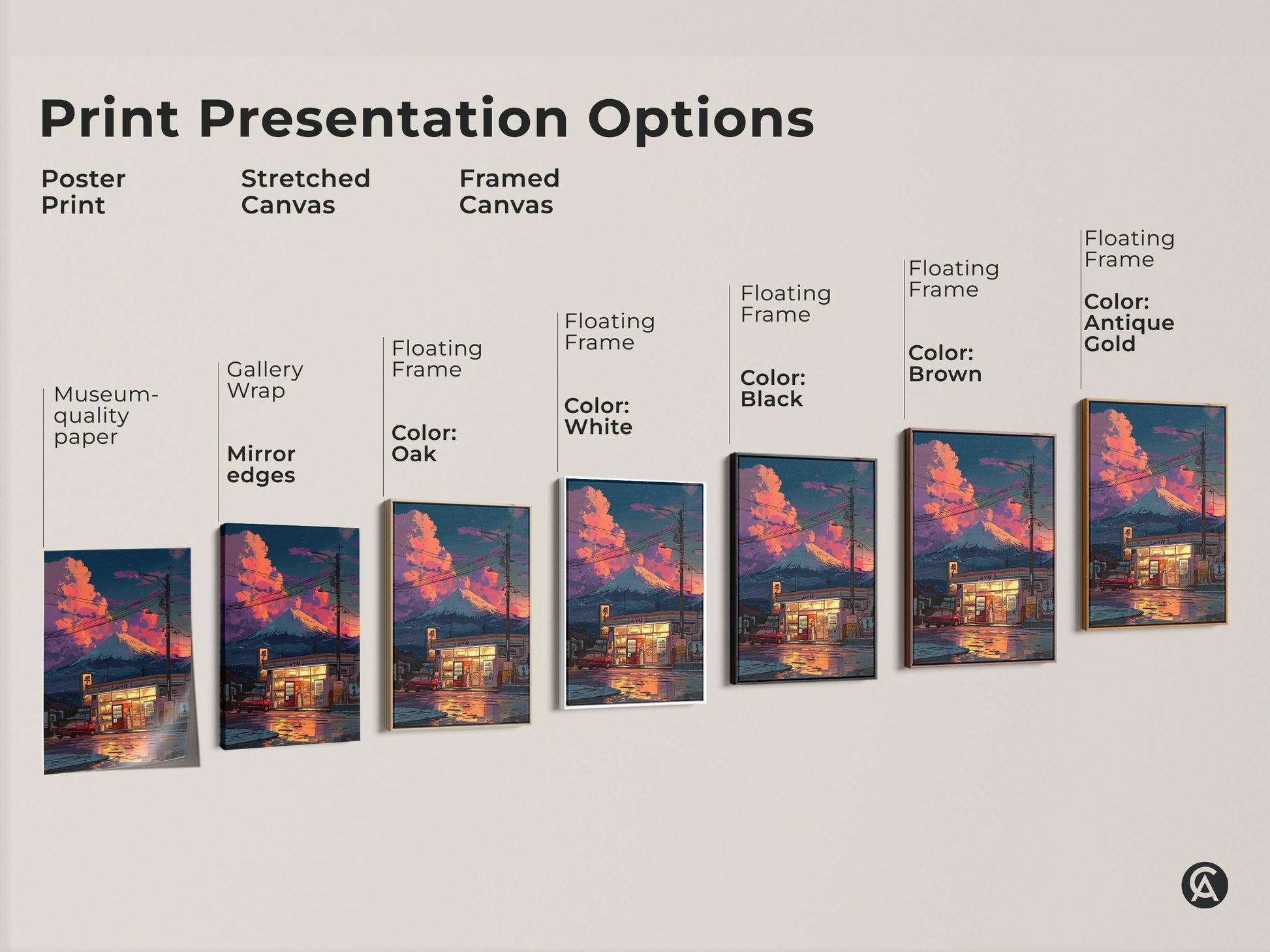 Print presentation options for retro anime wall art. Choose from poster prints stretched canvas or framed canvas. Options include museum quality paper gallery wrap and floating frames. Colors like black brown antique gold and white are available. Find the perfect fit.