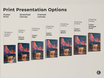 Print presentation options for retro anime wall art. Choose from poster prints stretched canvas or framed canvas. Options include museum quality paper gallery wrap and floating frames. Colors like black brown antique gold and white are available. Find the perfect fit.