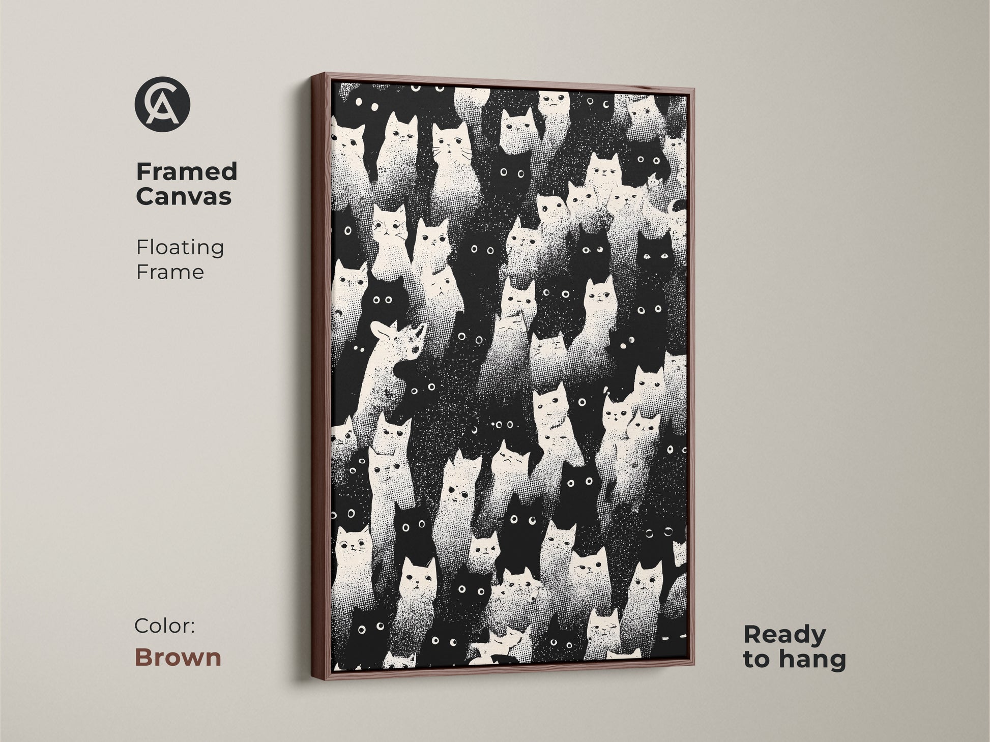 Framed canvas with a floating frame in brown. This frame enhances the eclectic cat artwork. It's ready to hang for easy display. The black and white wall art suits any minimalist animal decor theme. A unique cat lover present for birthdays or special occasions.