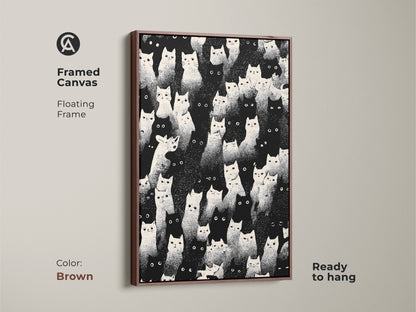 Framed canvas with a floating frame in brown. This frame enhances the eclectic cat artwork. It's ready to hang for easy display. The black and white wall art suits any minimalist animal decor theme. A unique cat lover present for birthdays or special occasions.