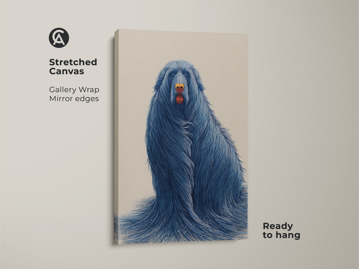 Stretched canvas art shows a surreal blue dog portrait. Ready to hang eclectic animal print adds a touch of fantasy. Ideal dog portrait canvas art for dog owners.