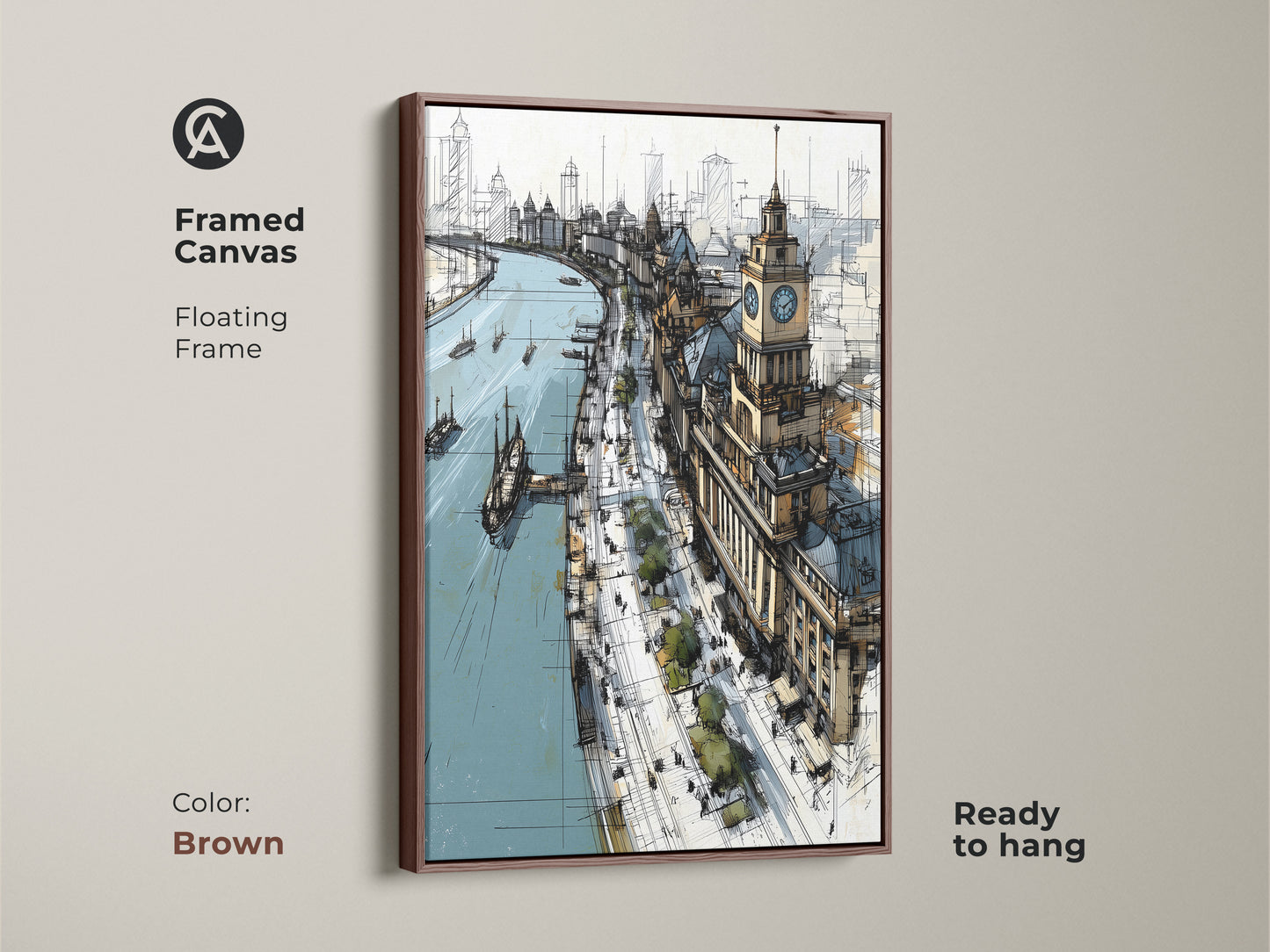 Brown framed canvas art print of a river cityscape. This architectural wall decor is ready to hang. Beige brown and blue art piece is a perfect housewarming gift. Features a contemporary urban landscape sketch for office or home.