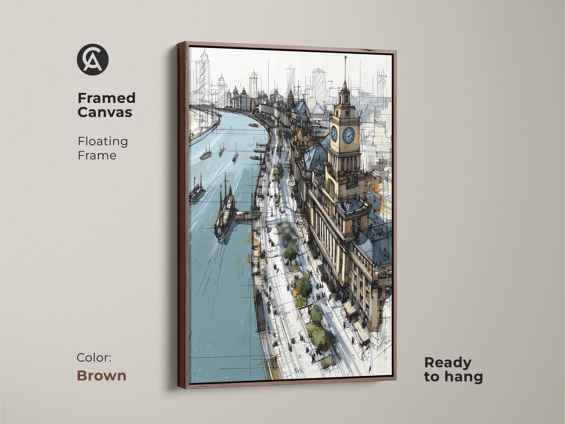 Brown framed canvas art print of a river cityscape. This architectural wall decor is ready to hang. Beige brown and blue art piece is a perfect housewarming gift. Features a contemporary urban landscape sketch for office or home.