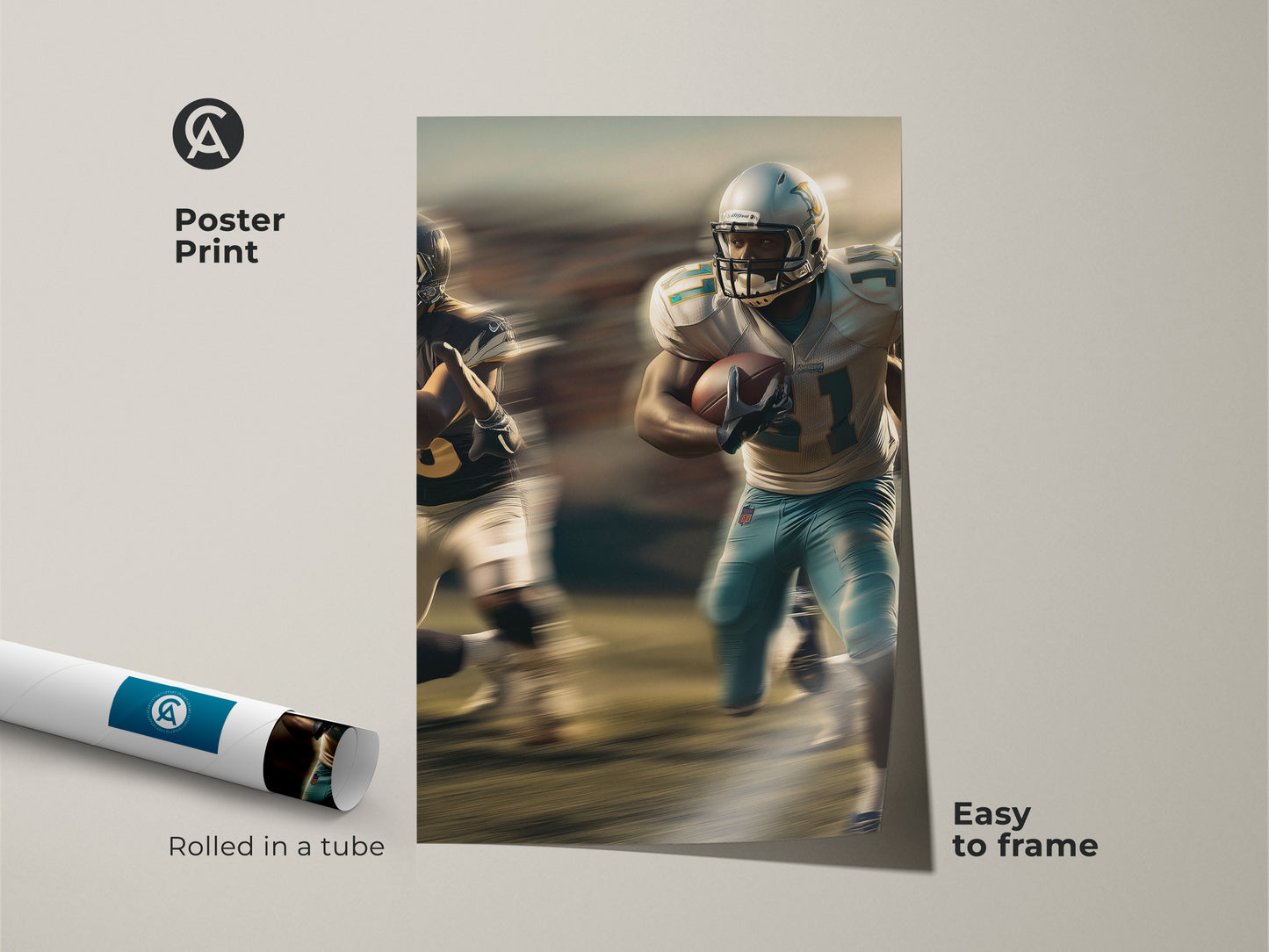 Bring the excitement of football home with this contemporary sports artwork poster print. Featuring a dynamic football player in action with blue teal accents. This modern sports art is easy to frame and adds energy to any space. Rolled in a tube for protection it makes a great gift for any football enthusiast or a stylish addition to an office.