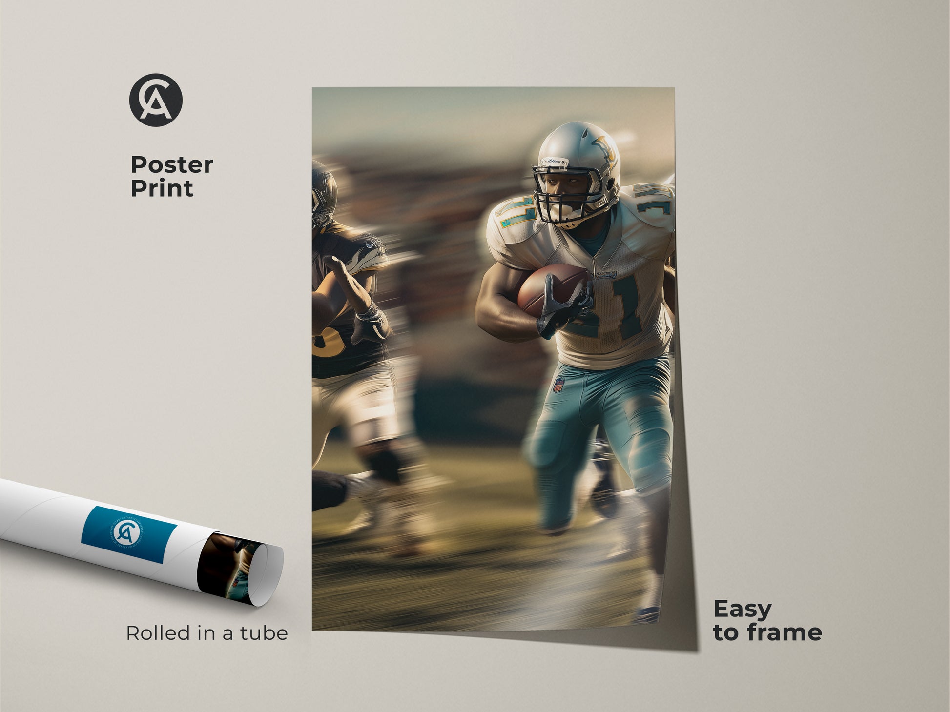 Bring the excitement of football home with this contemporary sports artwork poster print. Featuring a dynamic football player in action with blue teal accents. This modern sports art is easy to frame and adds energy to any space. Rolled in a tube for protection it makes a great gift for any football enthusiast or a stylish addition to an office.