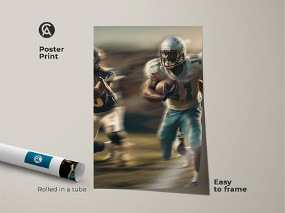 Bring the excitement of football home with this contemporary sports artwork poster print. Featuring a dynamic football player in action with blue teal accents. This modern sports art is easy to frame and adds energy to any space. Rolled in a tube for protection it makes a great gift for any football enthusiast or a stylish addition to an office.