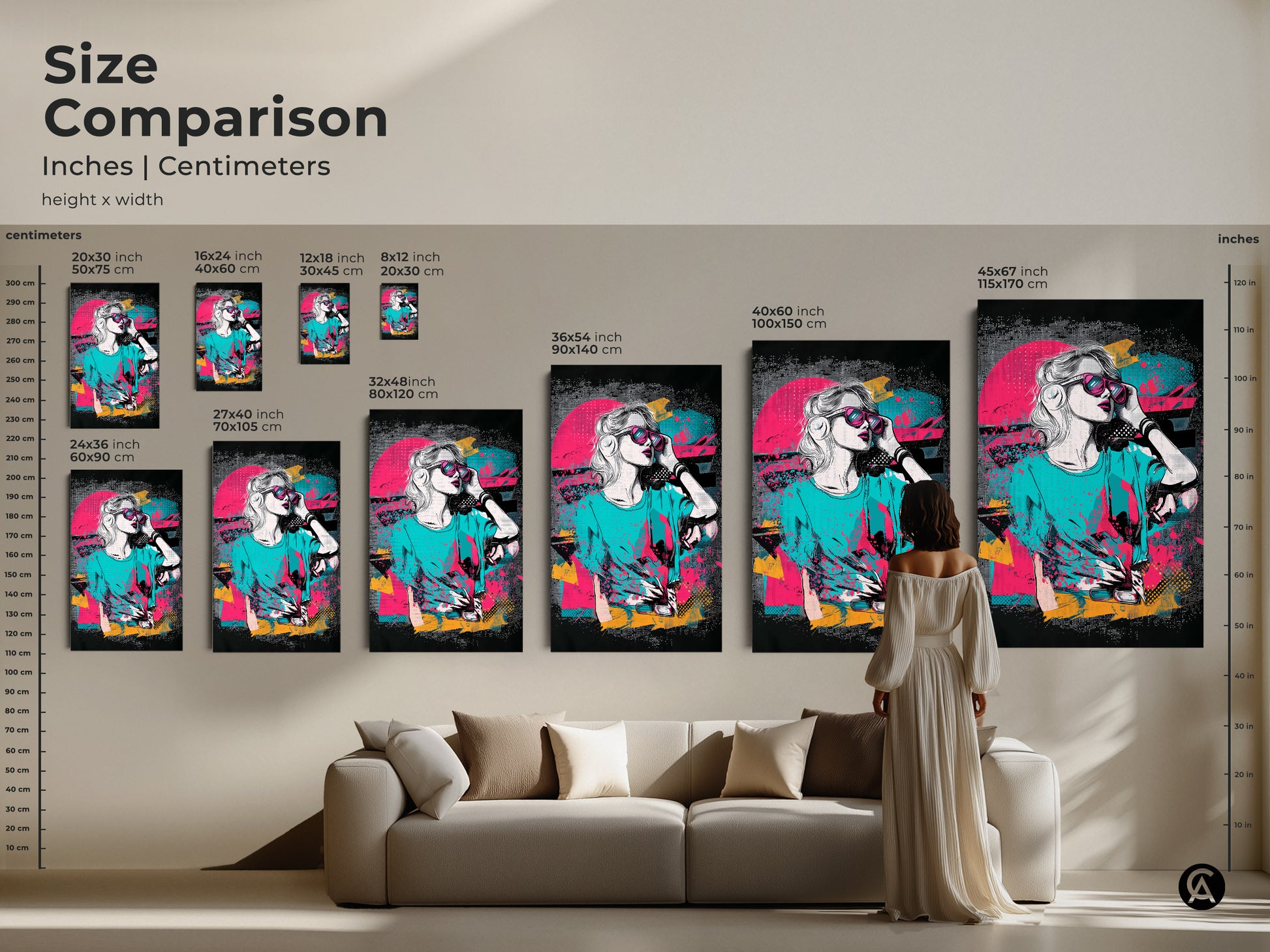 Size comparison of pop art canvas prints and posters with a woman in sunglasses. Retro synthwave style artwork in various sizes inches and centimeters. Pink teal and yellow colors create a vibrant 80s aesthetic. Perfect for adding an eclectic touch to any living space or bedroom.