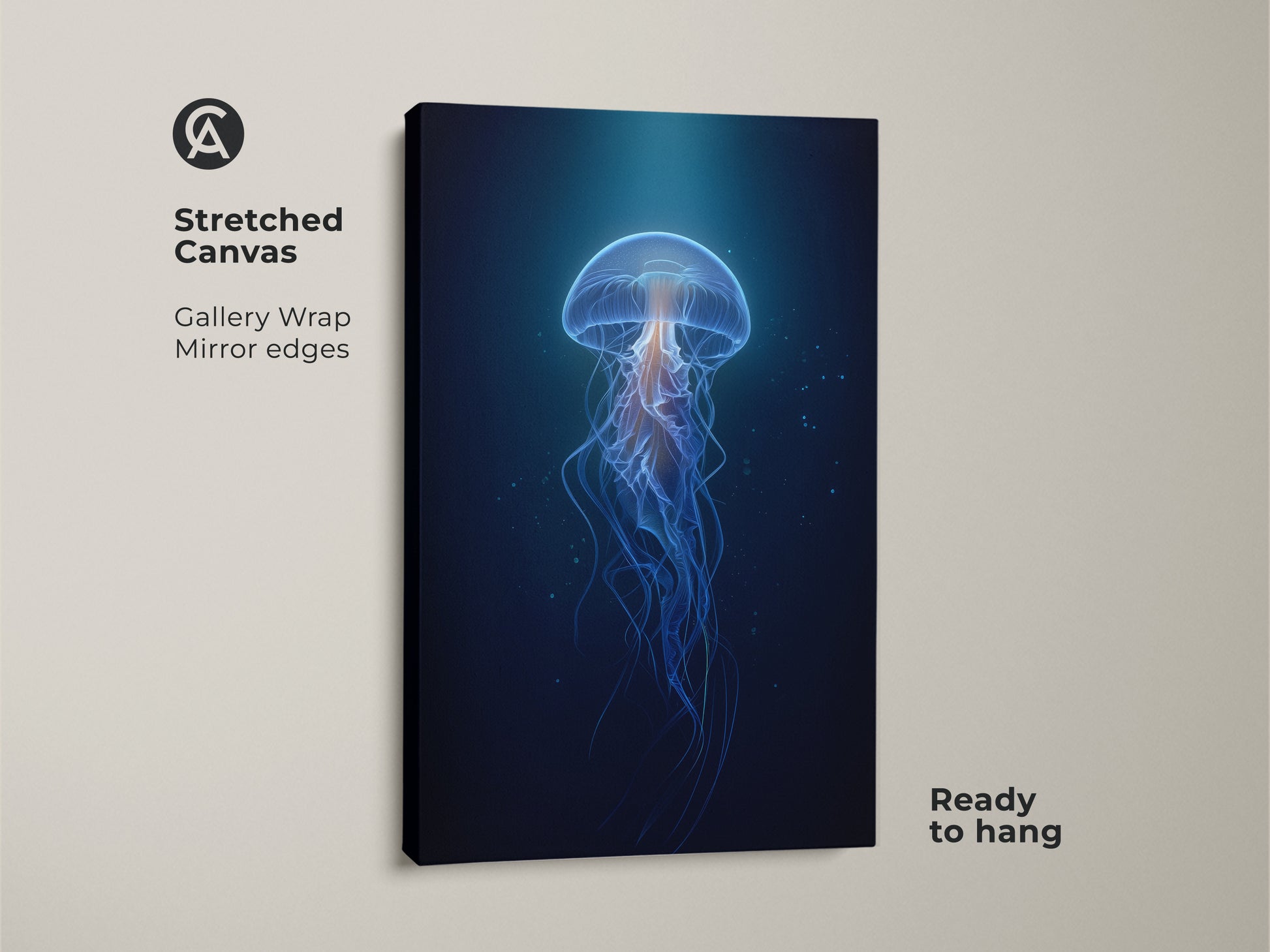 Stretched Canvas print of an abstract bioluminescent jellyfish. Gallery wrapped with mirrored edges this deep blue ocean wall art is ready to hang. The contemporary tentacle artwork makes a unique statement. It's ideal for ocean lovers seeking modern home decor.