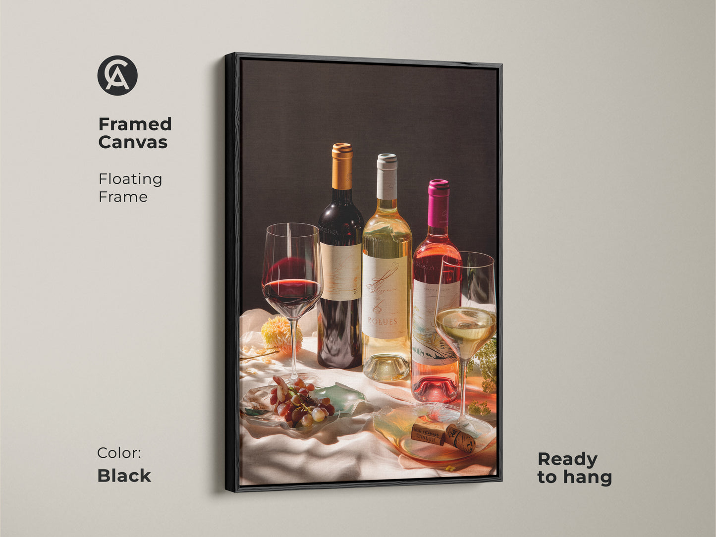 The framed canvas showcases wine bottles and glasses. This still life has a black floating frame. The photorealistic print features deep red cream and gold colors. It makes elegant home bar art. Ready to hang. Perfect for modern dining. Wine lovers will adore it.