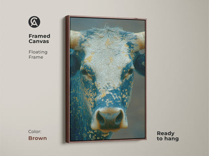 Framed canvas art of a striking blue and white bull with detailed horns. The artwork is set in a floating brown frame. Ready to hang this piece brings rustic elegance to your home decor. Ideal for adding a touch of nature to your space.