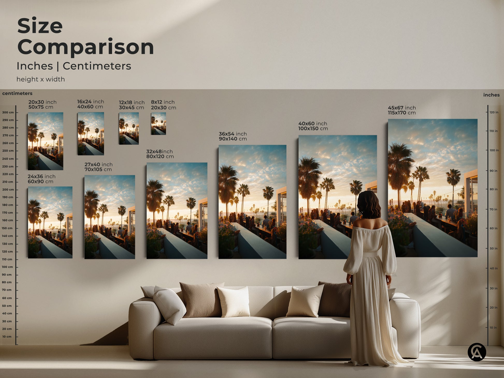 Size comparison of inches and centimeters for artwork. The art features a rooftop bar sunset scene. Sizes range from small to large. Visualize how each size fits in your space. Find the perfect art for your decor today.