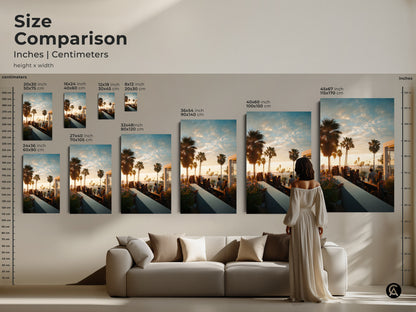 Size comparison of inches and centimeters for artwork. The art features a rooftop bar sunset scene. Sizes range from small to large. Visualize how each size fits in your space. Find the perfect art for your decor today.