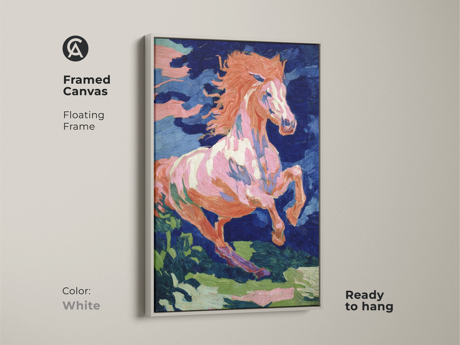 Framed canvas print of an expressive horse in vibrant orange pink and blue with a white floating frame. This wild animal wall art is ready to hang. It's perfect for adding an energetic touch to any room horse lover gift decor.