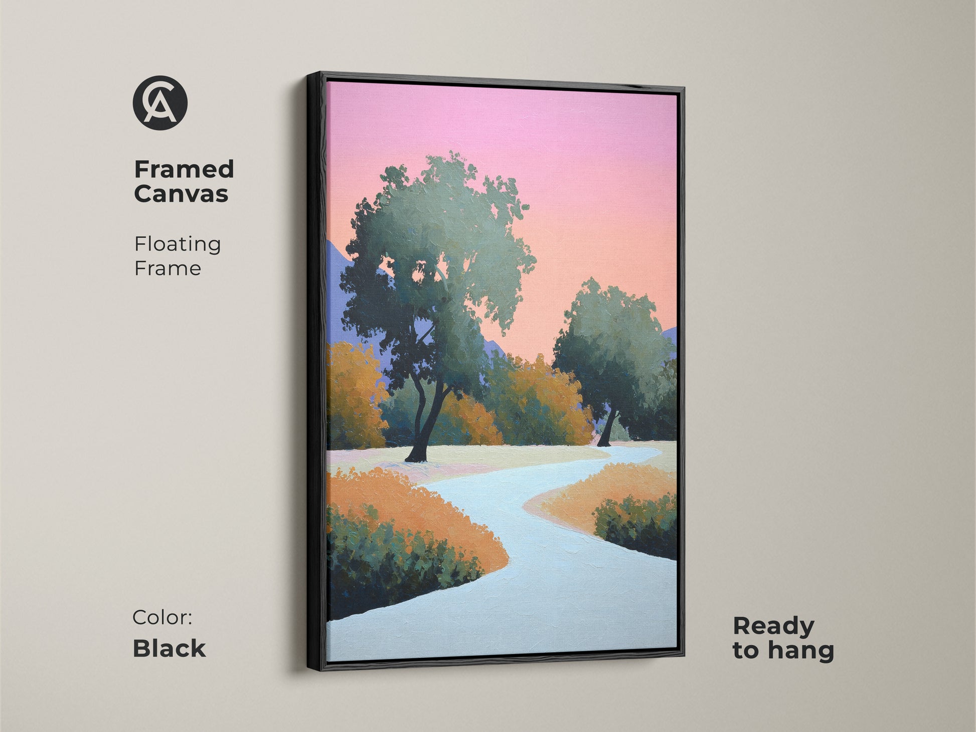Black framed canvas showing abstract landscape. This contemporary trees wall art includes a floating frame. The pink and orange sky artwork enhances the modern nature scene. Ready to hang this stylized nature painting.
