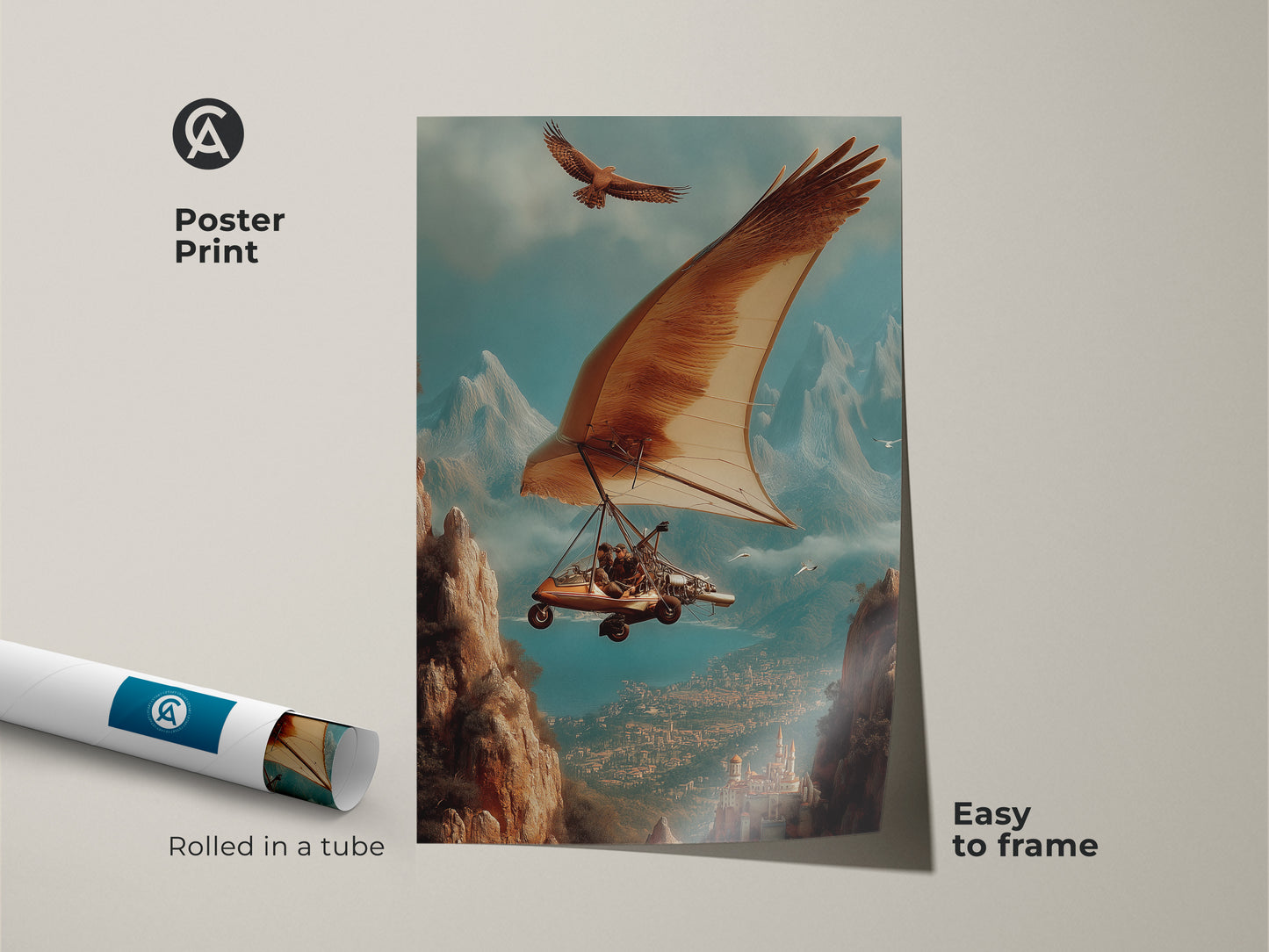 Framed Canvas in black showcasing surreal hang glider art with an eagle. Its brown blue and teal tones make it perfect adventure art. This eclectic living room art enhances any space. Ideal for office study wall decor. The nature transportation theme is ready to hang.