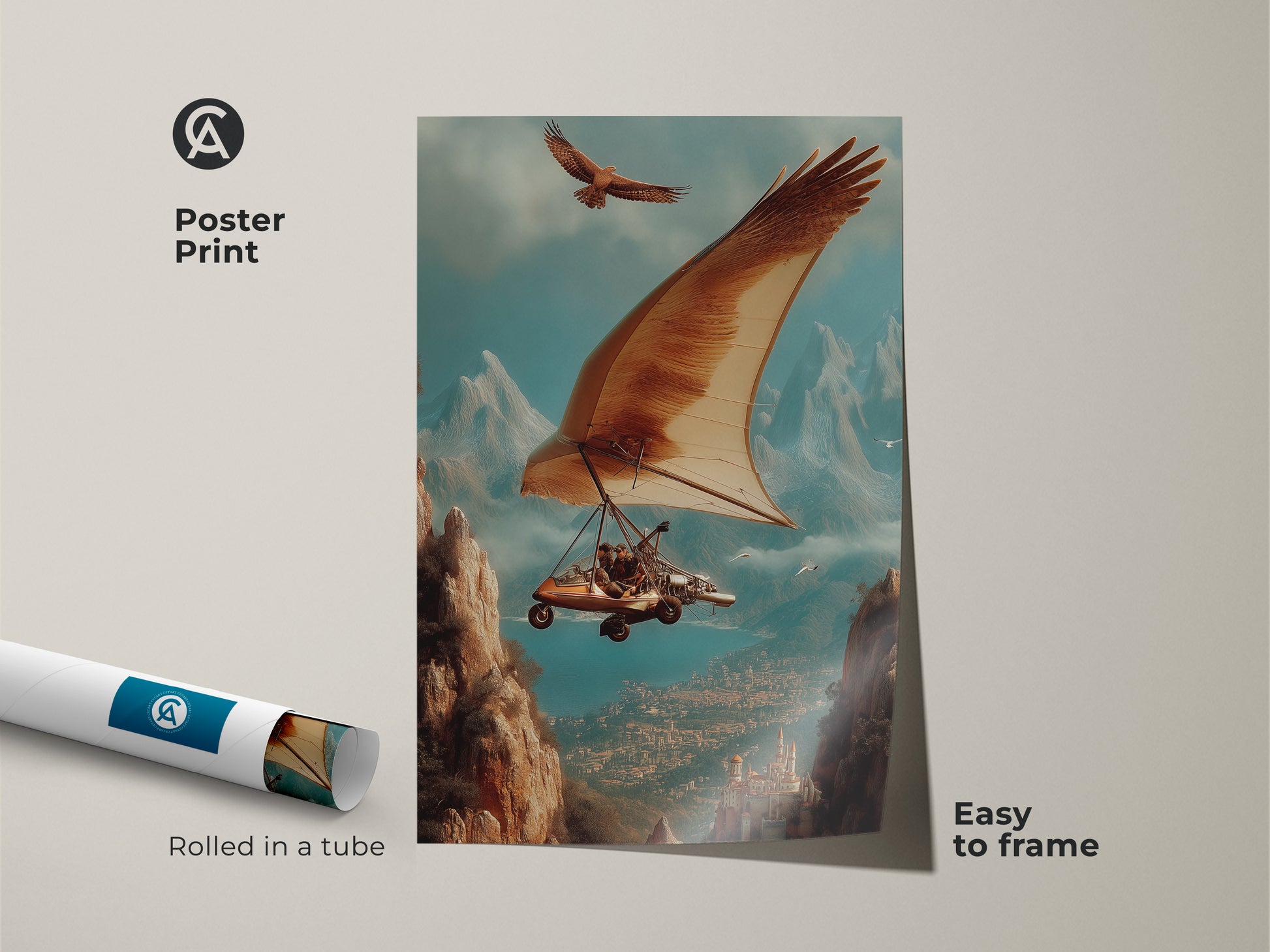 Framed Canvas in black showcasing surreal hang glider art with an eagle. Its brown blue and teal tones make it perfect adventure art. This eclectic living room art enhances any space. Ideal for office study wall decor. The nature transportation theme is ready to hang.