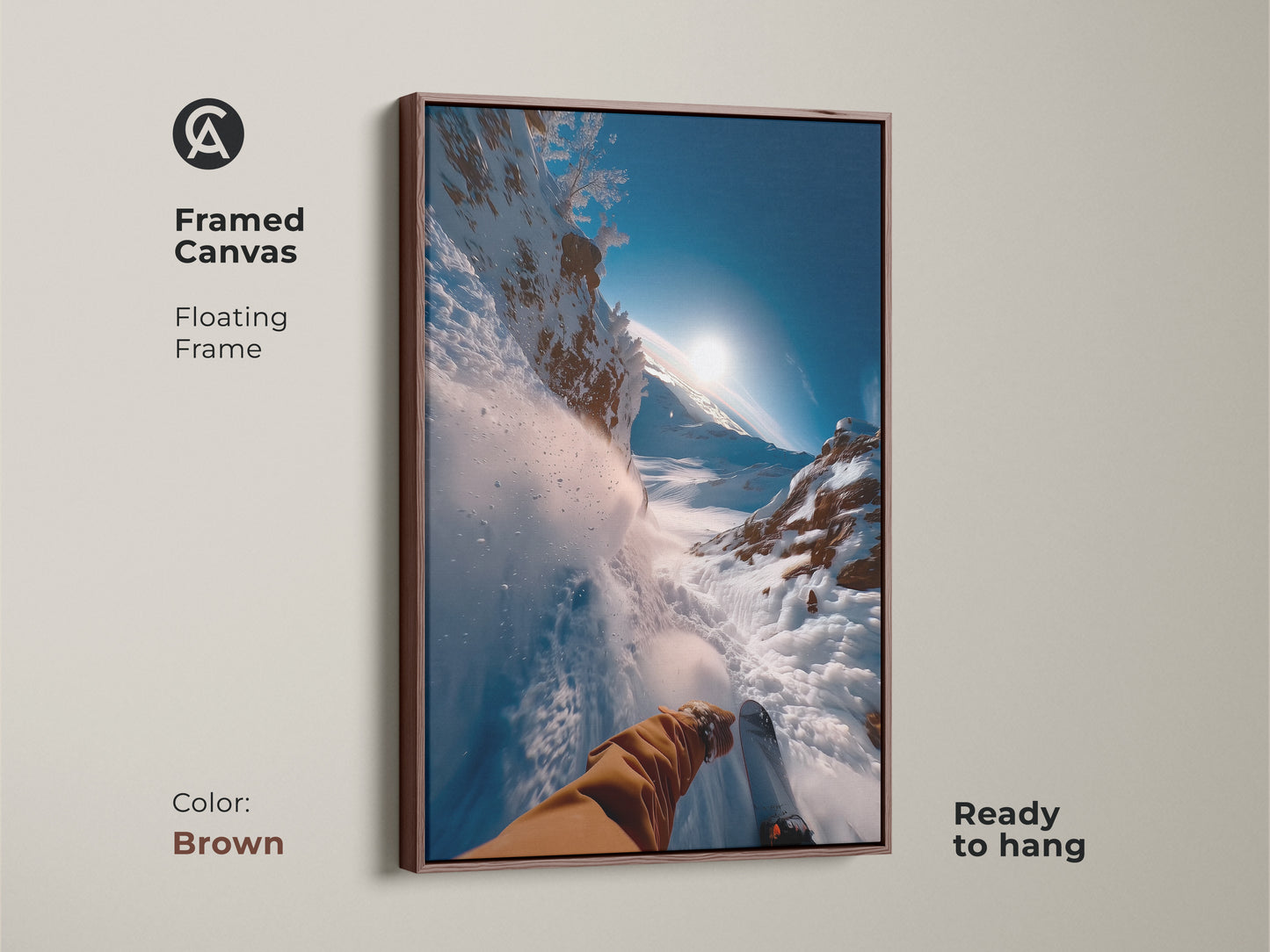 Framed canvas artwork with a brown floating frame. A first-person perspective of a skier racing down a mountain. The warm tones of the frame enhance the winter scene. This ready-to-hang art adds a cozy feel to your space.