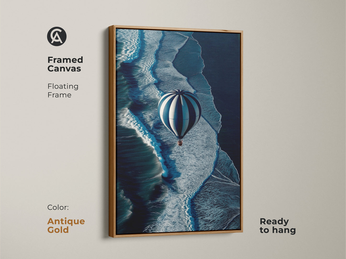 Admire this framed canvas featuring a hot air balloon over ocean waves with an antique gold floating frame. This ready to hang contemporary travel artwork enhances any space with its blend of navy blue and white colors for a unique coastal.