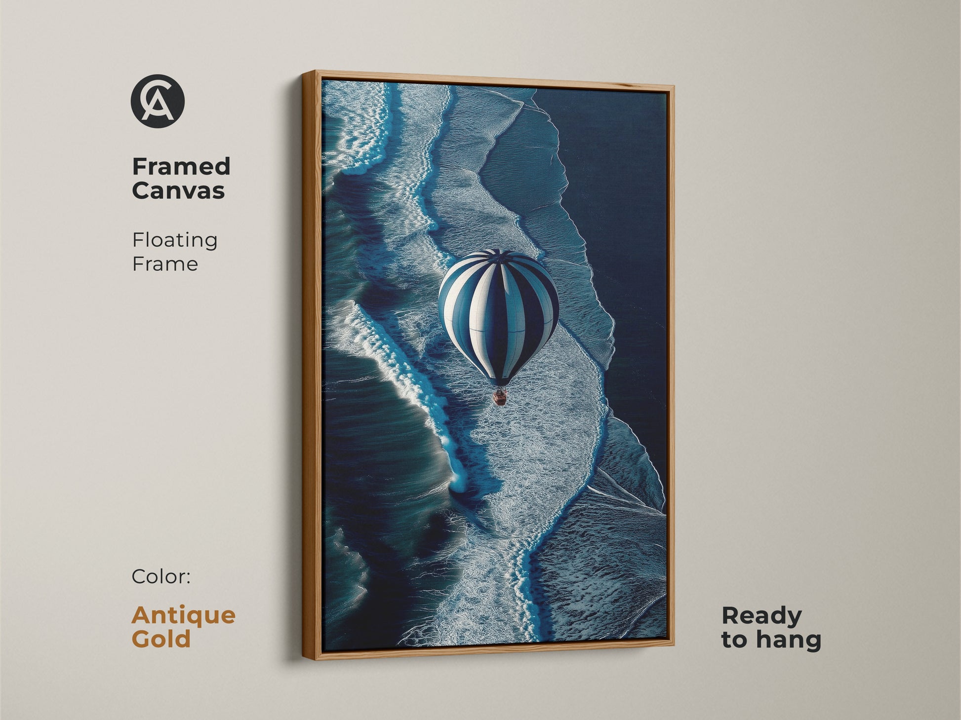 Admire this framed canvas featuring a hot air balloon over ocean waves with an antique gold floating frame. This ready to hang contemporary travel artwork enhances any space with its blend of navy blue and white colors for a unique coastal.
